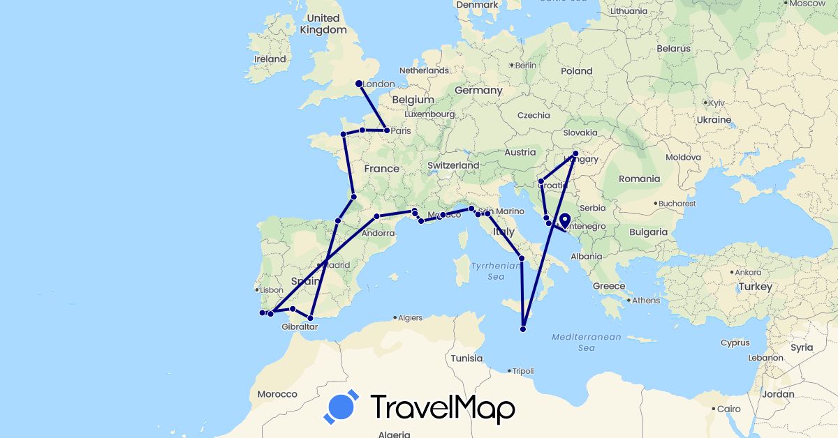 TravelMap itinerary: driving in Spain, France, United Kingdom, Croatia, Hungary, Italy, Malta, Portugal (Europe)